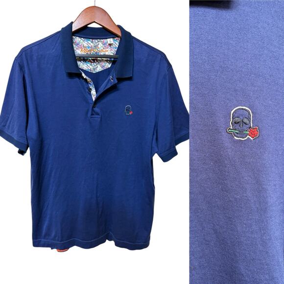 Robert Graham Classic Fit Navy Contrast Placket Skull and Rose Polo - Large - Picture 1 of 7